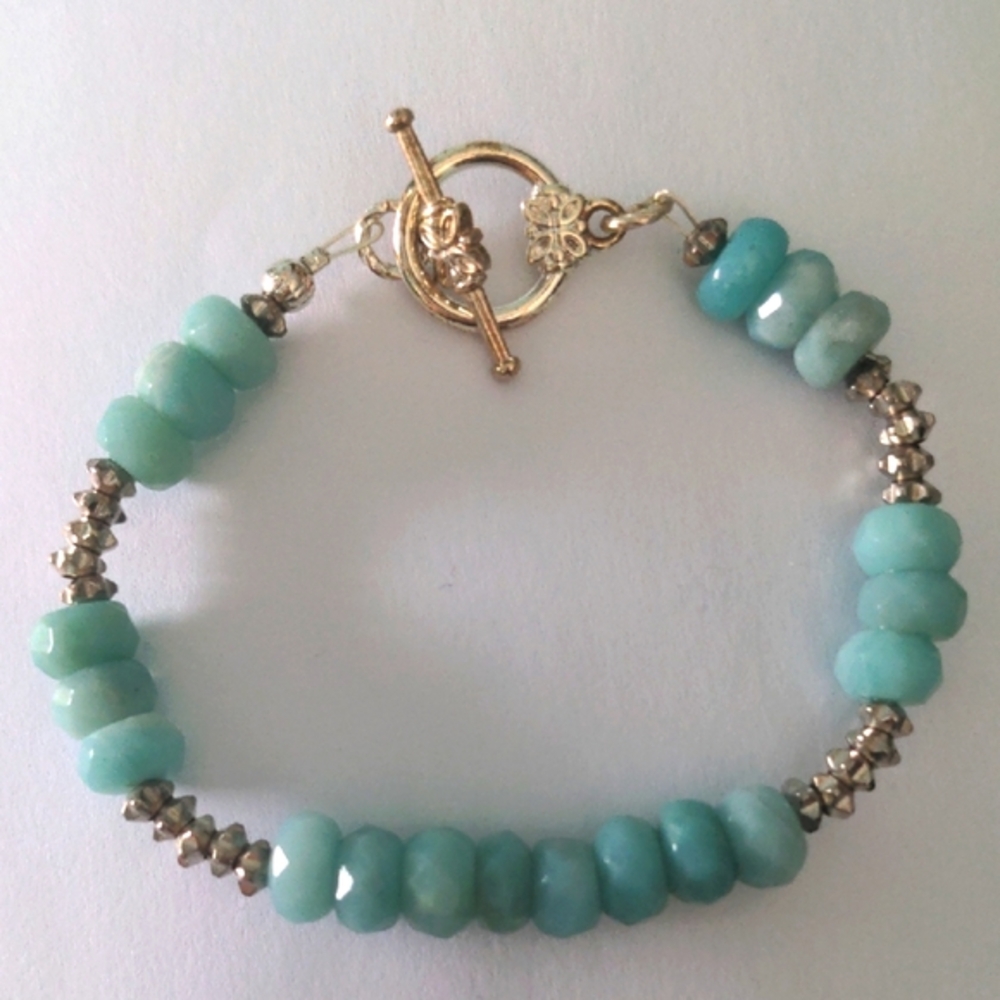 New Genuine Amazonite Gemstone Beaded Bracelet. Caribbean Blue, Bali Style Clasp